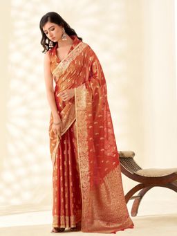Sutriti - Womens Rust Woven Banarasi Tissue Silk Saree with Unstitched Blouse