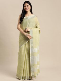 Sutriti - Contrast Zari Border Tassels Sari Olive Woven Saree with Unstitched Blouse
