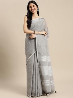Sutriti - Contrast Zari Border Tassels Sari Grey Woven Saree with Unstitched Blouse