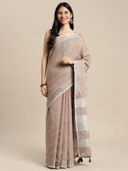 Sutriti - Contrast Zari Border Tassels Sari Brown Woven Saree with Unstitched Blouse