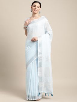 Sutriti - Contrast Zari Border Tassels Sari Aqua Woven Saree with Unstitched Blouse