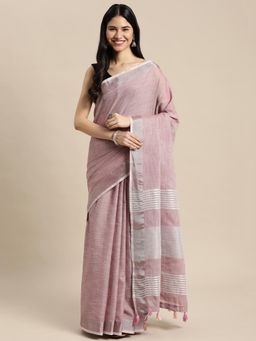 Sutriti - Contrast Zari Border Tassels Sari Purple Woven Saree with Unstitched Blouse