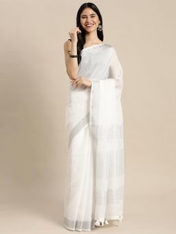 Sutriti - Contrast Zari Border Tassels Sari White Woven Saree with Unstitched Blouse