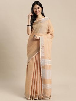Sutriti - Contrast Zari Border Tassels Sari Tan Woven Saree with Unstitched Blouse