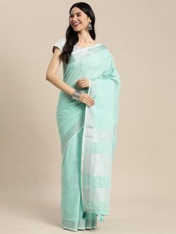 Sutriti - Contrast Zari Border Tassels Sari Sea Green Woven Saree with Unstitched Blouse