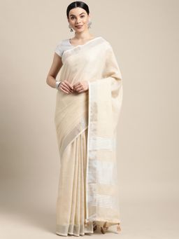 Sutriti - Contrast Zari Border Tassels Sari Beige Woven Saree with Unstitched Blouse