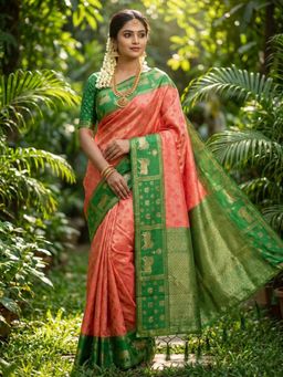 Sutriti - Womens Nandi Zari Temple Border Peach Soft Silk Saree with Unstitched Blouse