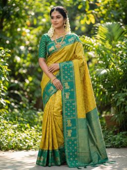 Sutriti - Womens Nandi Zari Temple Border Green Soft Silk Saree with Unstitched Blouse