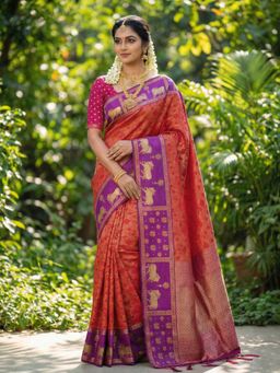 Sutriti - Womens Nandi Zari Temple Border Orange Soft Silk Saree with Unstitched Blouse