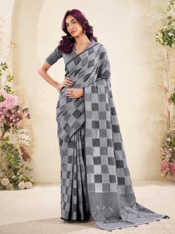 Sutriti - Womens Floral Pallu Grey Checks Linen Saree with Unstitched Blouse