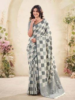 Sutriti - Womens Floral Pallu Off White Checks Linen Saree with Unstitched Blouse