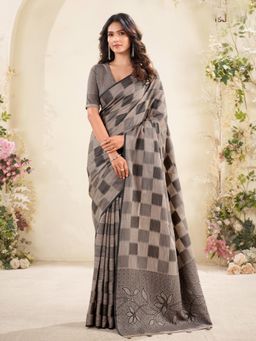 Sutriti - Womens Floral Pallu Brown Checks Linen Saree with Unstitched Blouse