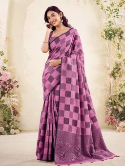 Sutriti - Womens Floral Pallu Pink Checks Linen Saree with Unstitched Blouse