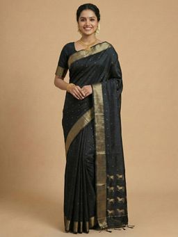 Sutriti - Gold Zari Galloping Horse Motifs Stunning Black Soft Silk Saree with Unstitched Blouse