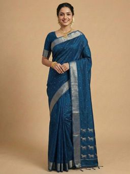 Sutriti - Royal Ashwa Design Zari Border Peacock Teal Soft Silk Saree with Unstitched Blouse
