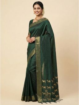 Sutriti - Traditional Temple Border Horse Dark Bottle Green Soft Silk Saree with Unstitched Blouse