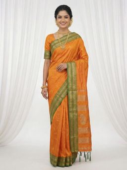 Sutriti - The Sunset Glow Vibrant Orange Soft Silk Saree with Unstitched Blouse