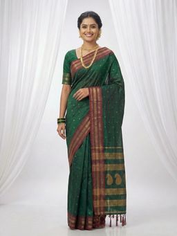 Sutriti - The Emerald Empress Dark Green Soft Silk Saree with Unstitched Blouse