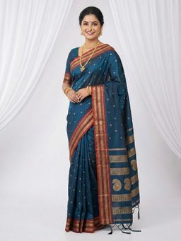 Sutriti - The Peacock Hue Teal Soft Silk Saree with Unstitched Blouse