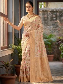 Sutriti - Golden Zari Woven Sari Graceful Beige Banarasi Silk Saree with Unstitched Blouse
