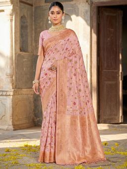Sutriti - Golden Zari Woven Sari Graceful Pink Banarasi Silk Saree with Unstitched Blouse