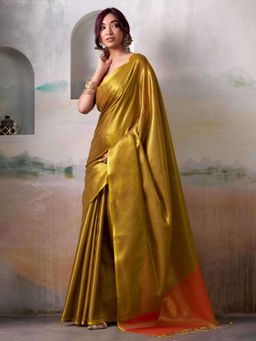 Sutriti - Womens Zari Border Mustard Solid Tissue Silk Saree with Unstitched Blouse