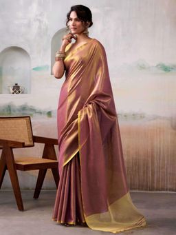 Sutriti - Womens Zari Border Mauve Solid Tissue Silk Saree with Unstitched Blouse