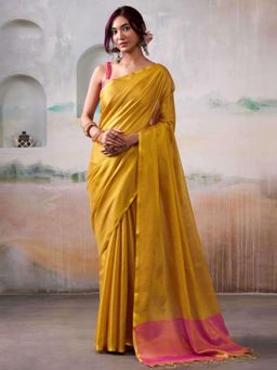 Sutriti - Womens Zari Border Yellow Solid Tissue Silk Saree with Unstitched Blouse