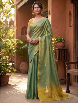 Sutriti - Womens Zari Border Teal Gold Toned Solid Tissue Silk Saree with Unstitched Blouse