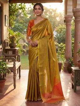 Sutriti - Womens Zari Border Mustard Gold Toned Solid Tissue Silk Saree with Unstitched Blouse