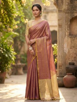 Sutriti - Womens Zari Border Mauve Gold Toned Solid Tissue Silk Saree with Unstitched Blouse