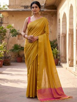 Sutriti - Womens Zari Border Yellow Gold Toned Solid Tissue Silk Saree with Unstitched Blouse