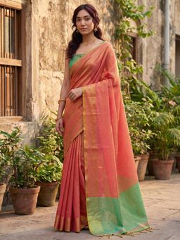 Sutriti - Womens Zari Border Peach Gold Toned Solid Tissue Silk Saree with Unstitched Blouse