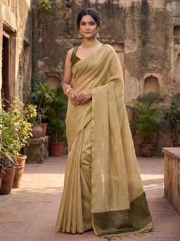 Sutriti - Womens Zari Border Beige Gold Toned Solid Tissue Silk Saree with Unstitched Blouse