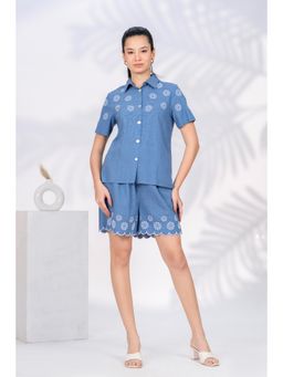 Zolo Label - Elegant Blue Button Down Embroidered Co-Ord Set