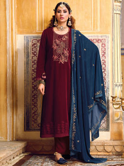 Stylee LIFESTYLE - Maroon Velvet Embroidered Unstitched Dress Material (Set of 3)