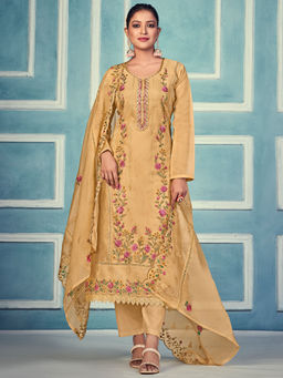 Stylee LIFESTYLE - Beige Organza Embroidered Unstitched Dress Material (Set of 3)