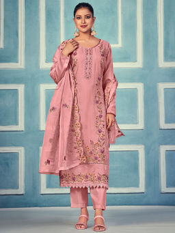 Stylee LIFESTYLE - Pink Organza Embroidered Unstitched Dress Material (Set of 3)