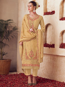 Stylee LIFESTYLE - Yellow Organza Embroidered Unstitched Dress Material (Set of 3)