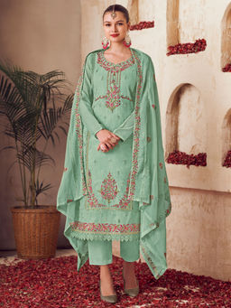 Stylee LIFESTYLE - Green Organza Embroidered Unstitched Dress Material (Set of 3)