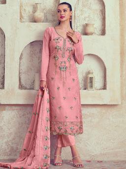 Stylee LIFESTYLE - Pink Organza Embroidered Unstitched Dress Material (Set of 3)