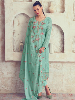 Stylee LIFESTYLE - Turquoise Organza Embroidered Unstitched Dress Material (Set of 3)