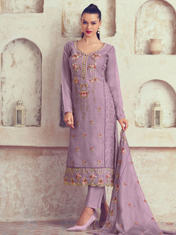 Stylee LIFESTYLE - Purple Organza Embroidered Unstitched Dress Material (Set of 3)