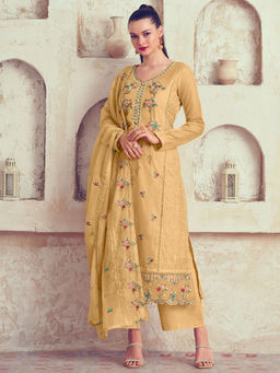 Stylee LIFESTYLE - Yellow Organza Embroidered Unstitched Dress Material (Set of 3)