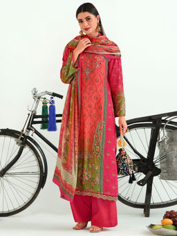 Stylee LIFESTYLE - Pink Wool Digital Printed Unstitched Dress Material (Set of 3)