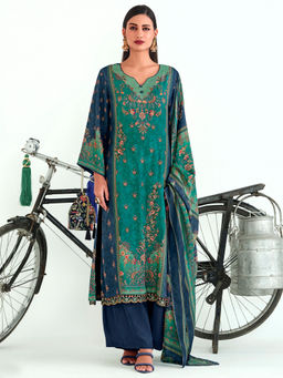 Stylee LIFESTYLE - Navy Blue Wool Digital Printed Unstitched Dress Material (Set of 3)