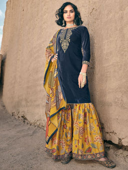 Stylee LIFESTYLE - Navy Blue Velvet Embroidered Unstitched Dress Material (Set of 3)