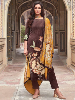 Stylee LIFESTYLE - Brown Velvet Digital Printed Unstitched Dress Material (Set of 3)