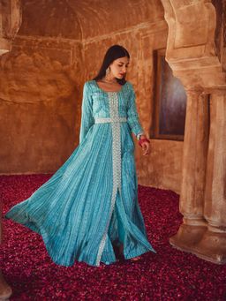 Karaj Jaipur - Blue Printed Dress (Set of 3)