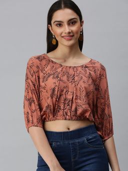 SHOWOFF - Women Round Neck Three Fourth Sleeves Printed Brown Crop Top